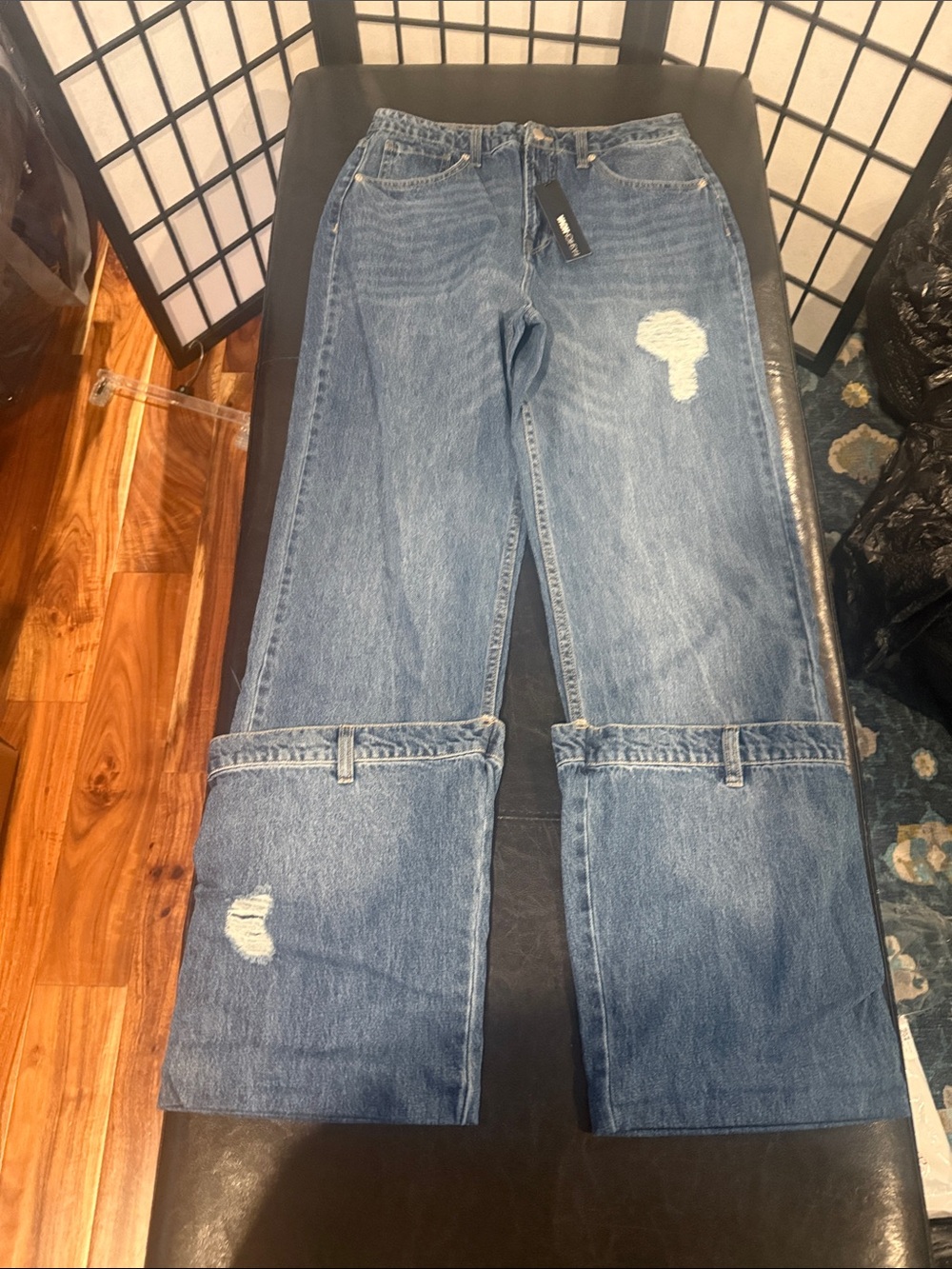 Fashion Nova Blue Distressed Wide-Leg Jeans